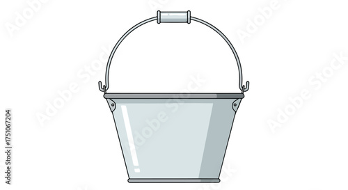 Detailed illustration of a metallic bucket with handle on plain background design portraying simplicity and functionality in container design