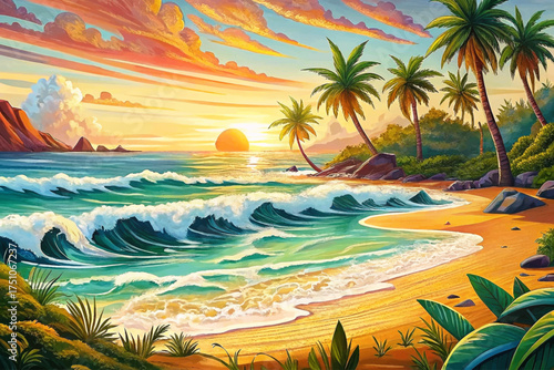 beach landscape, crashing ocean waves, sandy shore, seagulls, palm trees, turquoise water, golden sunset, tropical vibe, travel poster, coastal decor, high quality illustration