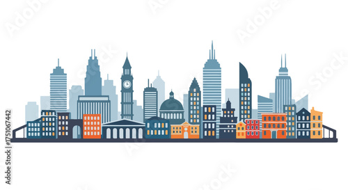Stylized Urban Landscape Illustration Featuring a Diverse Architectural Silhouette, Modern Minimalist Cityscape Graphic, Vibrant Color Palette, and