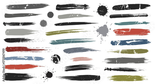 Vector illustration of a set of varied grunge style brush stroke elements, white background
