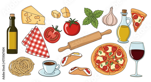 A vibrant vector illustration showcasing a collection of classic Italian food elements, white background