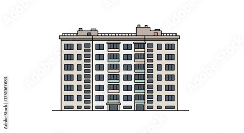 Illustration of a multi-story residential building showcasing urban architecture and design depicting a simple block apartment building