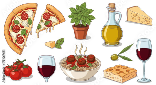 A vibrant vector illustration showcasing a collection of classic Italian food elements, white background