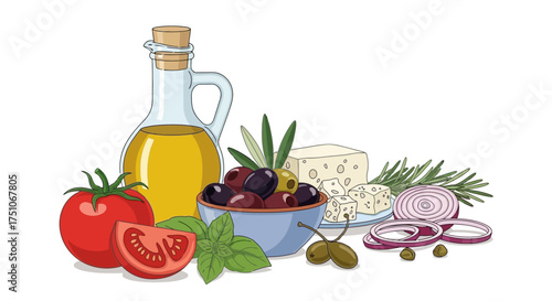 Elegant vector illustration of Mediterranean cuisine ingredients, ideal for menus and designs, white background