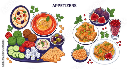 A colorful vector illustration of a Mediterranean appetizer and dessert spread, white background