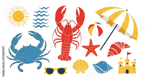 A vintage-style vector illustration of seafood and summer vacation themes, white background