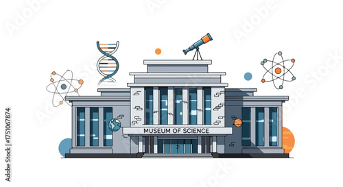 Whimsical illustration showcasing the architectural elegance of a Science Museum complex featuring atomic symbols and a telescope