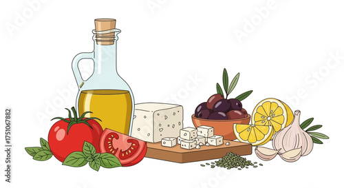 Elegant vector illustration of Mediterranean cuisine ingredients, ideal for menus and designs, white background