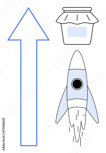 Rocket launching upward next to an arrow and jar. Ideal for business growth, innovation, startup success, entrepreneurship, scalability, progress illustration, simple flat metaphor