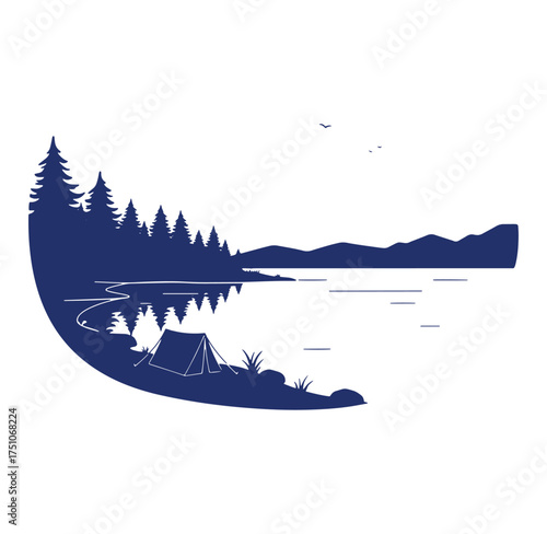 Tranquil camping scene on a lakeside with silhouette trees and mountain landscape