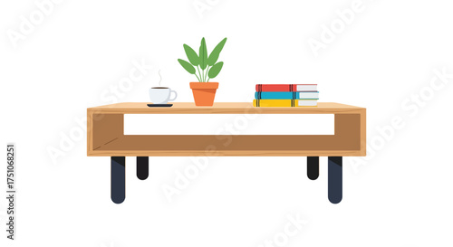 Serene tabletop arrangement featuring a potted plant, a steaming cup, and a stack of colorful books, conveying warmth and a sense of calm
