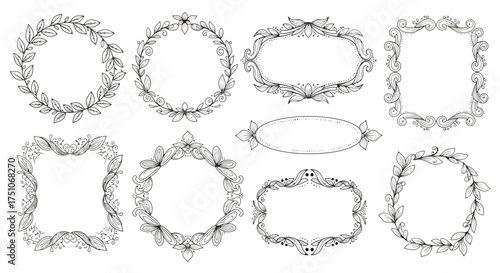 A vector illustration set of eight hand-drawn style decorative frames, white background