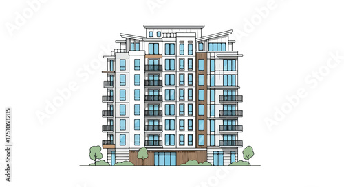 Architectural rendering of a modern multistory apartment building with balconies and a flat roof design residential structure facade showcasing