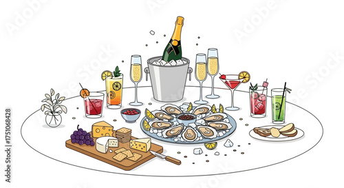 A vector illustration of a festive dining scene with champagne, cocktails, oysters and cheese, white background
