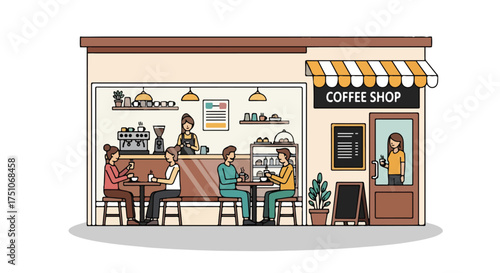Charming coffee shop illustration featuring customers enjoying drinks and a barista serving customers in a cozy atmosphere