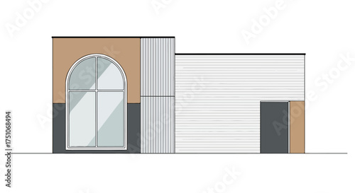 Architectural Drawing Depicting a Modern Facade with Arched Window and Mixed Materials Showcase