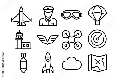 Minimalist linear icons of aviation and aeronautics elements