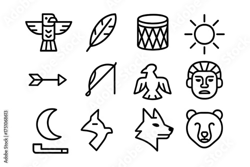 Native american tribal symbols linear icons: eagle, feather, drum, and more