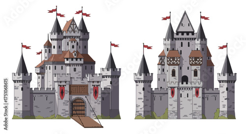 Two imposing medieval castles with towers flags and sturdy stone walls evoke a sense of fairytale grandeur and historic significance
