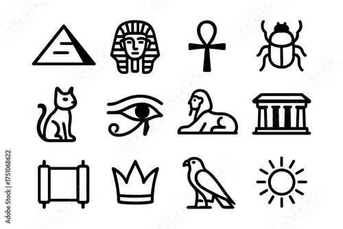 Ancient egypt icons set: linear egyptian symbols in black and white style