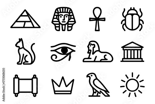 Ancient egyptian symbols set: linear icons featuring pyramid, sphinx, and ankh