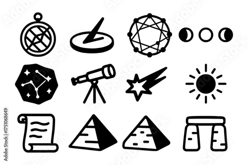 Astronomy icons collection: telescope, constellations, pyramids, stonehenge, phases