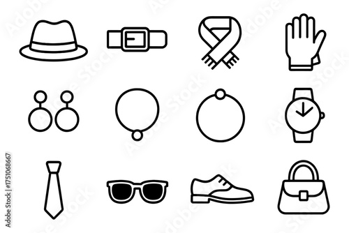 Linear fashion accessories set: hats, jewelry, shoes, and more