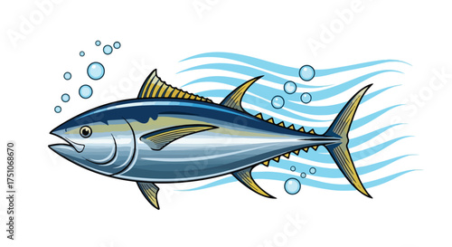 Cartoon illustration of a bluefin tuna swimming underwater with bubbles and wavy lines evoking movement and the ocean environment