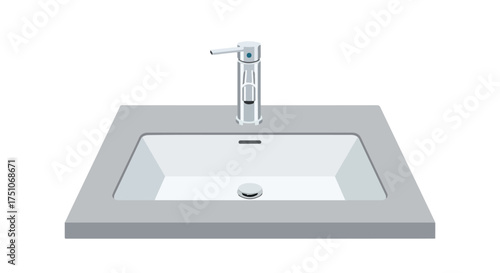 Sleek minimalistic bathroom sink illustration with modern faucet design and grey counter top detail creating a clean aesthetic