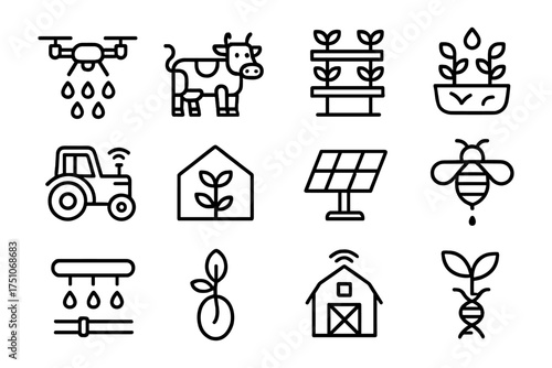 Modern agriculture technology icons: drones, solar panels, smart farming elements