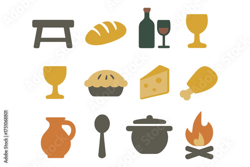 Medieval feast elements as bold icons for culinary projects and historical themes