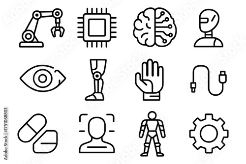 Futuristic technology icons featuring robotics, ai, and cybernetics in clean line art
