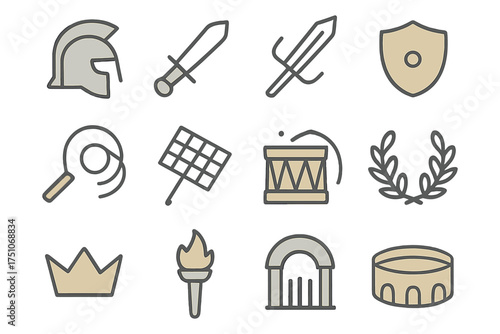 Ancient roman icon set featuring linear gladiator, sword, and shield designs