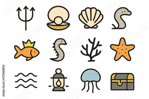 Colorful sea icons: marine life and nautical symbols