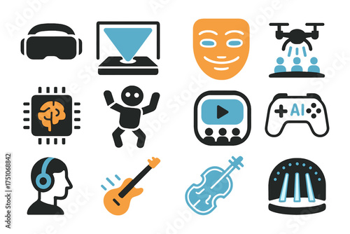 Colorful technology and entertainment icons: vr, ai, robotics, and gaming