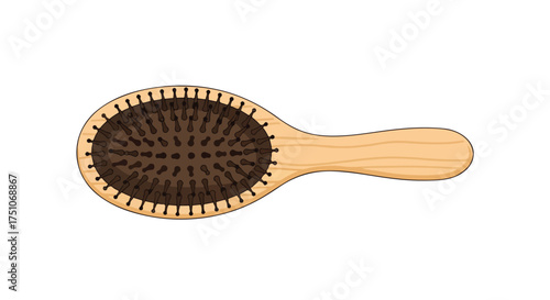 Wooden hairbrush with dark bristles on a pure white background for hairstyling and hygiene simplicity