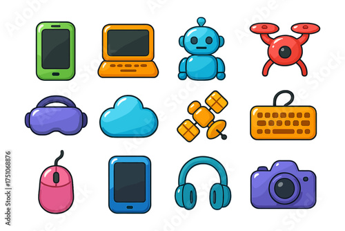 Colorful cartoon electronics and gadgets collection on white background