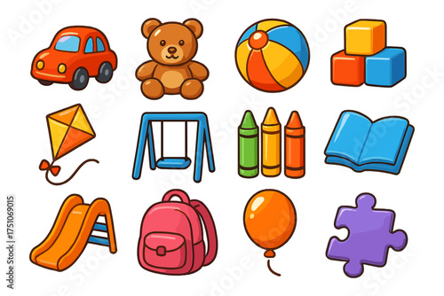 Colorful children's toys collection with playful icons and fun elements