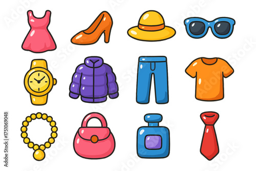 Colorful cartoon fashion accessories and clothing collection