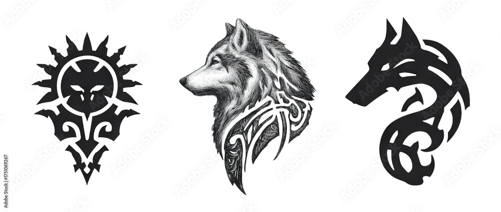 Obraz premium Intricate Wolf and Tribal Symbols in Black and White Art Illustrations