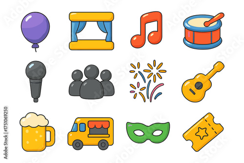 Colorful entertainment and festival icons collection for celebrations and events