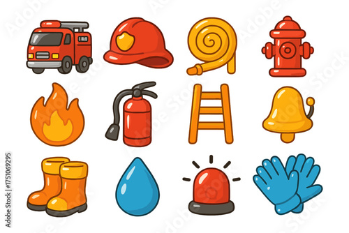 Colorful firefighter equipment icons set for emergency situations