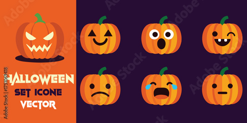 Spooky and fun halloween pumpkin icons set featuring various expressive faces for festive decorations and designs