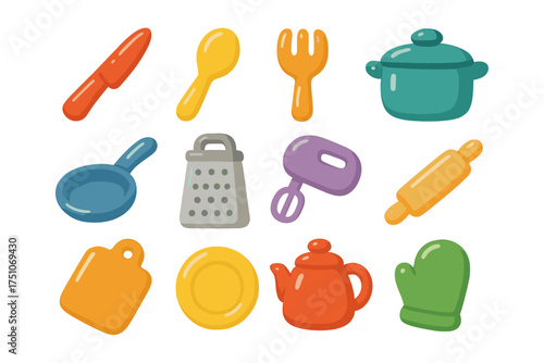 Colorful kitchen utensils collection: playful flat design for modern cooking themes