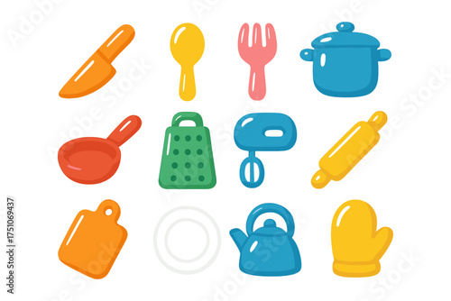 Colorful kitchen utensils in modern flat design for cooking enthusiasts