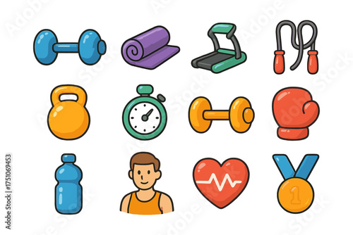 Colorful fitness and gym equipment icons for healthy lifestyle designs