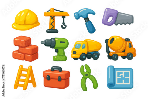Colorful construction tools and equipment icons set for project planning