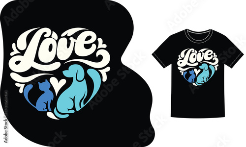 Vector art of heart shape with the word love and silhouettes of a cat and dog inside, on black tshirt mockup