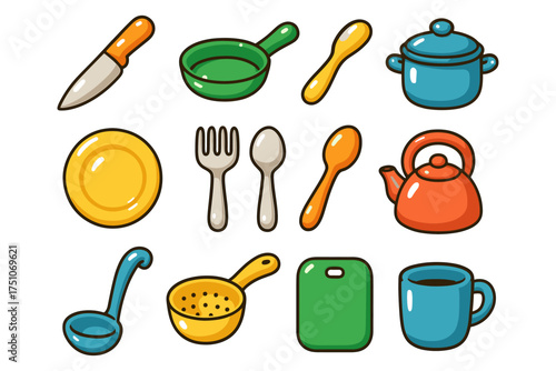 Colorful cartoon kitchen utensils set for culinary design projects