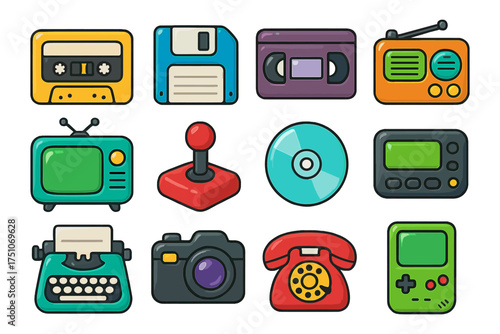 Colorful retro technology icons: cassette tape, floppy disk, joystick, and more